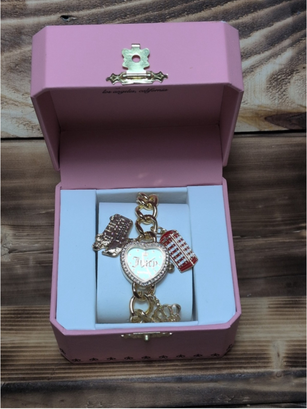 Juicy Couture Watch With 4 Charms Bracelet Gold Tone With Pink Box NWT